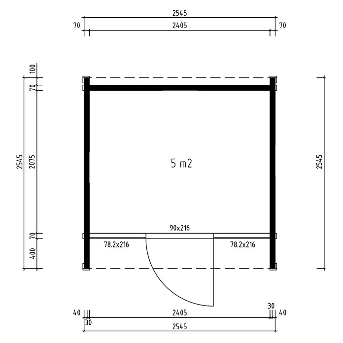 Fjordholz Gartenhaus Office Box Größe XS schwarz - Außenmaß inkl. Dachüberstand (B x T): 254,5 x 254,5 cm, Holz, Schwarz - Grundriss mit Außenmaßen 2545x2545, Innenmaßen 2405x2075, angegebener Fläche von 5 m² und Türdetails.