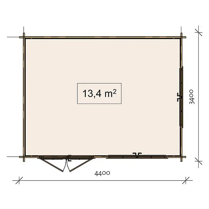 Fjordholz Gartenhaus Carl 40 B - Außenmaß inkl. Dachüberstand (B x T): 440 x 340 cm, Holz, Naturbelassen - Grundriss einer rechteckigen Hütte mit ca. 3,4m x 4,4m Abmessungen und einer Fläche von 13,4m².