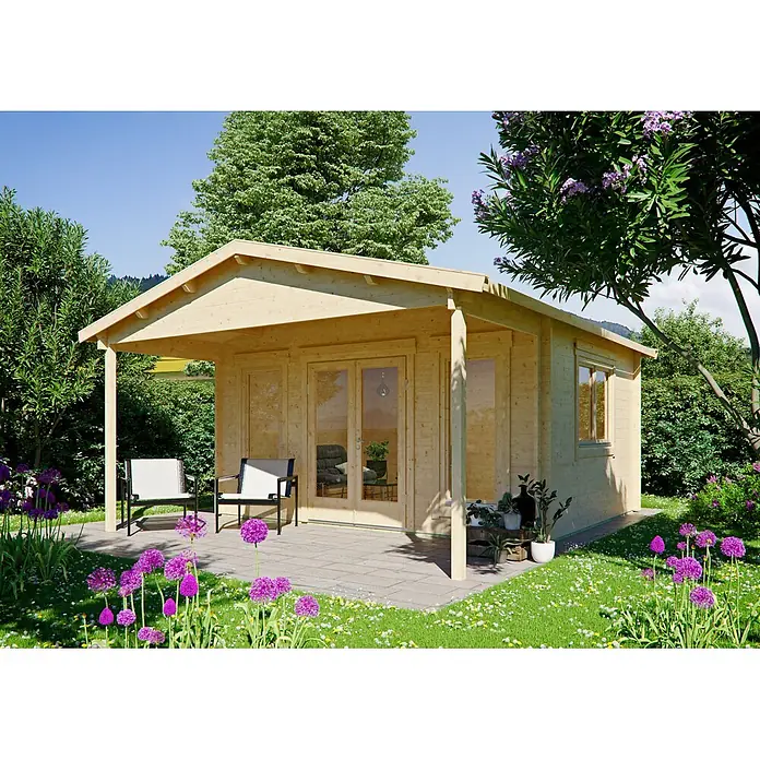 Fjordholz Gartenhaus Julia 44 A - Außenmaß inkl. Dachüberstand (B x T): 500 x 575 cm, Holz, Naturbelassen - Gartenhaus aus hellem Holz mit überdachter Veranda, ideal für Entspannung im Grünen.
