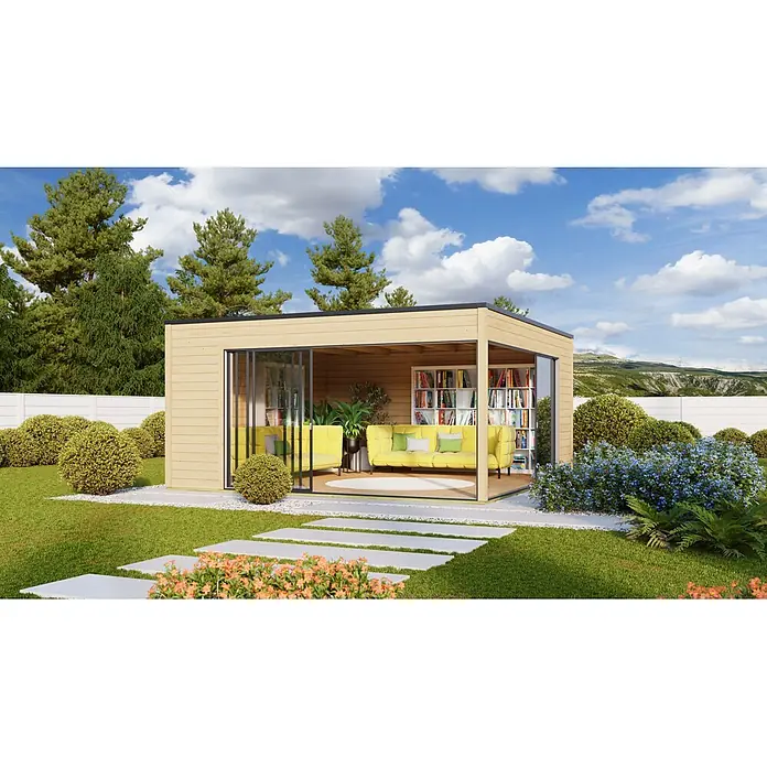 Fjordholz Gartenhaus Q-BIC Alu 44 F 14mm Isolierverglasung - Außenmaß inkl. Dachüberstand (B x T): 516,8 x 516,8 cm, Holz, Grau Imprägnierung - Modernes Gartenhaus aus Holz mit Glastüren, gelben Sofas und Bücherregalen.