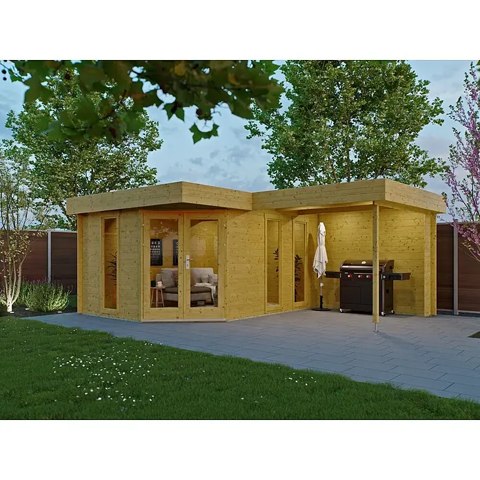 Fjordholz Gartenhaus Miro 28 - Außenmaß inkl. Dachüberstand (B x T): 445 x 575 cm, Holz, Naturbelassen - L-förmiges Holzgartenhaus mit integrierter überdachter Terrasse für Outdoor-Wohnen, mit großen Fenstern und Grillbereich.