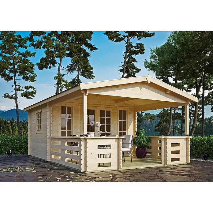 Fjordholz Gartenhaus Franjo 44 B - Außenmaß inkl. Dachüberstand (B x T): 380 x 570 cm, Holz, Naturbelassen - Gartenhaus aus Naturholz mit überdachter Terrasse in einer malerischen Außenumgebung.