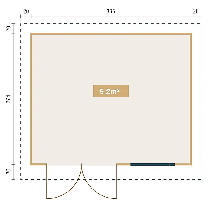 Fjordholz Gartenhaus Carina 28 - Außenmaß inkl. Dachüberstand (B x T): 355 x 294 cm, Holz, Naturbelassen - Grundriss eines rechteckigen Raumes mit Auβenmaßen 375x324 Einheiten, Eingang, Fenster und einer Innenfläche von 9,2m².