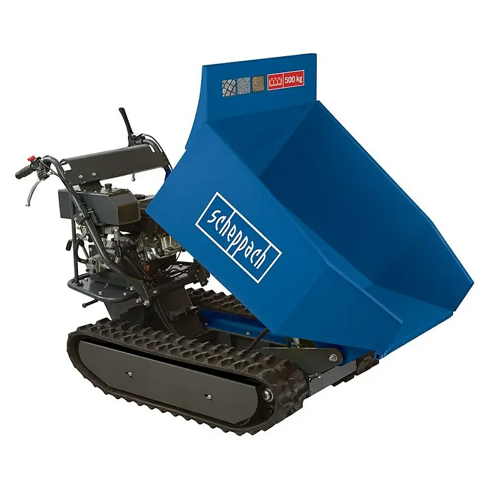 Scheppach Kettendumper DP 5000 - Motorbetrieben, Fassungsvermögen: 125 l, Traglast: 500 kg - Abbildung eines blauen Scheppach Mini-Dampers mit Raupenantrieb und einer maximalen Traglast von 500 kg.