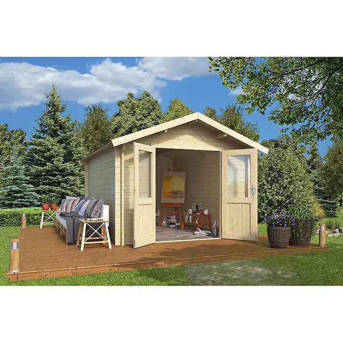 Fjordholz Gartenhaus Leipzig 44 - Außenmaß inkl. Dachüberstand (B x T): 275 x 380 cm, Holz, Naturbelassen - Gartenhaus aus hellem Holz mit Terrasse, als Kunstatelier und Außenloungebereich genutzt.