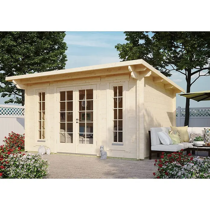 Fjordholz Gartenhaus Jacob 44 B - Außenmaß inkl. Dachüberstand (B x T): 420 x 300 cm, Holz, Farbbehandlung Carbongrau - Helle Gartenhütte aus Holz auf gepflasterter Terrasse mit Doppeltür und Seitenfenstern, neben Sitzgelegenheiten.