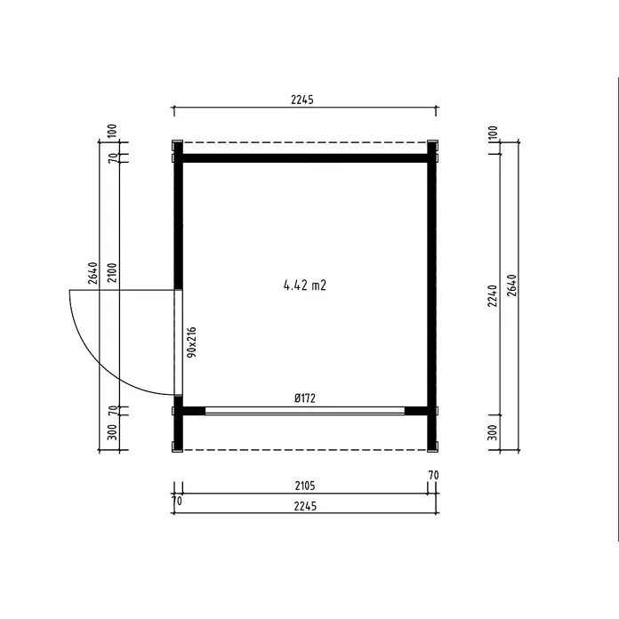Fjordholz Gartenhaus Office Box Größe XXS natur - Außenmaß inkl. Dachüberstand (B x T): 224,5 x 264 cm, Holz, Naturbelassen - Grundriss mit Maßen und 4,42 m² Fläche, inklusive Tür und runder Öffnung.
