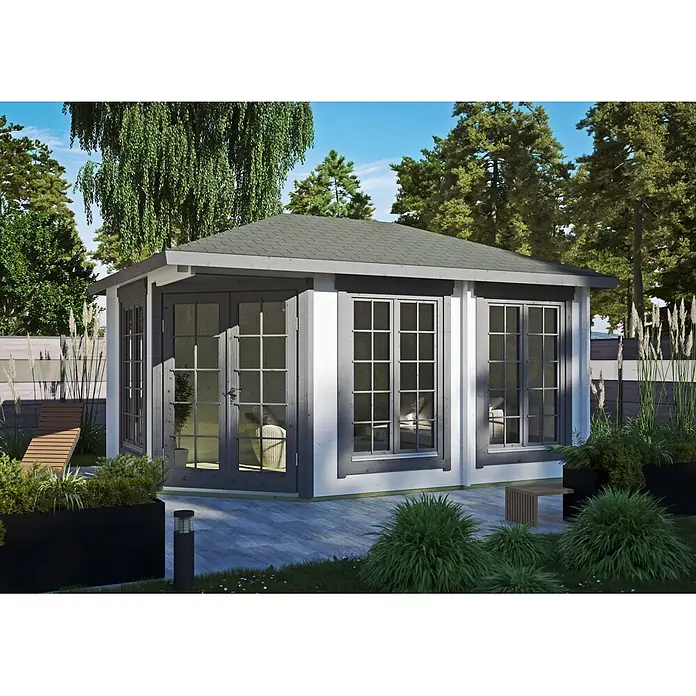 Fjordholz Gartenhaus Glasgow 44 C - Außenmaß inkl. Dachüberstand (B x T): 500 x 350 cm, Holz, Naturbelassen - Weiße Gartenhütte mit dunkelgrauen Akzenten, großen Glastüren und Fenstern, auf einer Terrasse im Grünen.