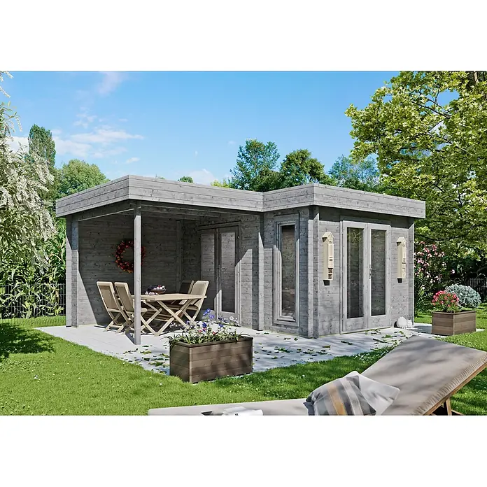 Fjordholz Gartenhaus Wendy 28 - Außenmaß inkl. Dachüberstand (B x T): 548 x 418 cm, Holz, Grau Imprägnierung - Graues Gartenhaus aus Holz mit integrierter Terrasse und Essgruppe.