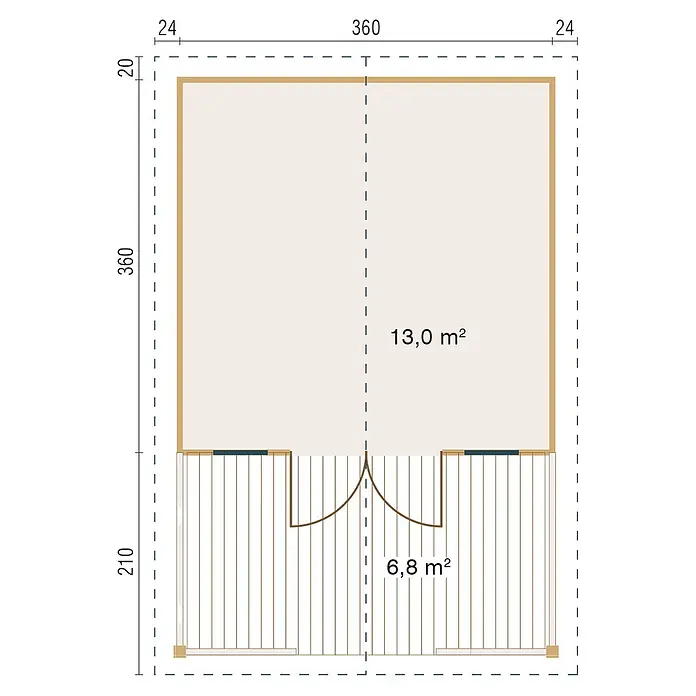 Fjordholz Gartenhaus Kolding 40 - Außenmaß inkl. Dachüberstand (B x T): 380 x 590 cm, Holz, Naturbelassen - Grundriss eines Gebäudes mit einem 13,0 m² großen Hauptraum und einer 6,8 m² großen Veranda mit Doppeltüren. Maße angegeben.