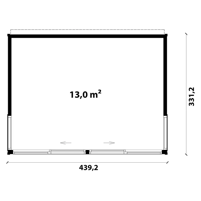 Fjordholz Gartenhaus Garden Cube B - Außenmaß inkl. Dachüberstand (B x T): 439,2 x 331,2 cm, Holz, Naturbelassen - Rechteckiger Grundriss mit Außenmaßen 439,2 x 331,2, einer Fläche von 13,0 m² und einer Türöffnung.