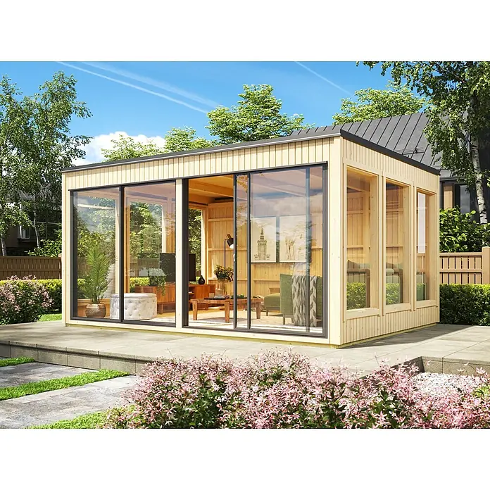 Fjordholz Gartenhaus Garden Cube B - Außenmaß inkl. Dachüberstand (B x T): 439,2 x 331,2 cm, Holz, Naturbelassen - Moderner Holz-Gartenraum mit großen Glastüren und dunklem Dach, als elegante Outdoor-Lounge.