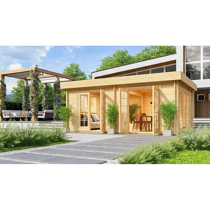 Fjordholz Gartenhaus Pia 44 - Außenmaß inkl. Dachüberstand (B x T): 570 x 415 cm, Holz, Naturbelassen - Gartenhaus aus hellem Holz mit geöffneten Flügeltüren, das einen Wohn- und Essbereich im Inneren zeigt, in einem modernen Garten.
