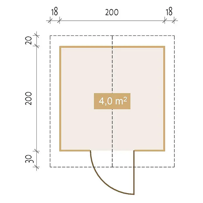 Fjordholz Gartenhaus Tiffin 28 A - Außenmaß inkl. Dachüberstand (B x T): 220 x 220 cm, Holz, Naturbelassen - Grundriss eines 200x200 Objekts mit 4,0 m² Fläche und Tür.
