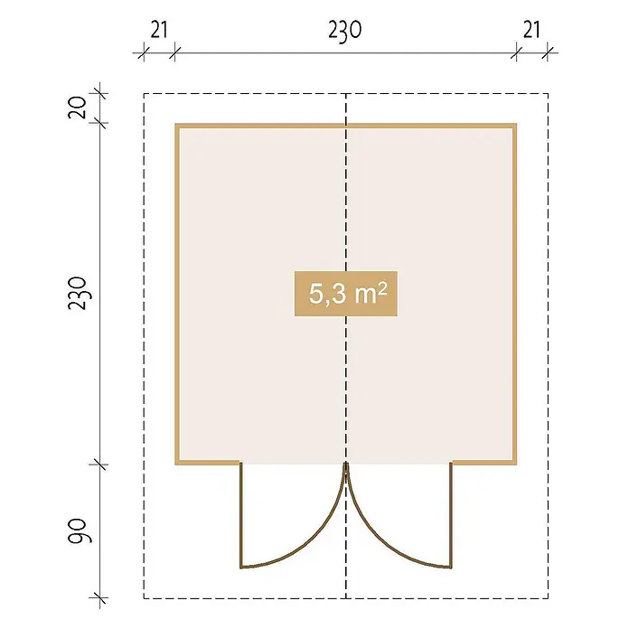 Fjordholz Gartenhaus Lily 28 - Außenmaß inkl. Dachüberstand (B x T): 250 x 250 cm, Holz, Naturbelassen - Grundriss eines kleinen Gebäudes, 5,3 m² Innenfläche, mit Eingang und Gesamtmaßen.