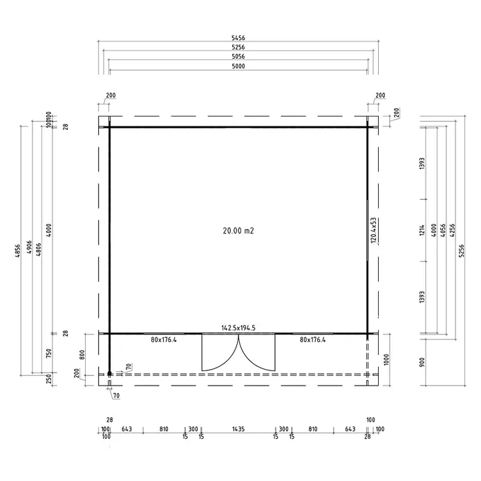 Fjordholz Gartenhaus Kubi - Außenmaß inkl. Dachüberstand (B x T): 525,6 x 425,6 cm, Holz, Farbbehandlung Lichtgrau - Technischer Grundriss eines Gebäudes mit Maßen und einer Fläche von 20,00 m².