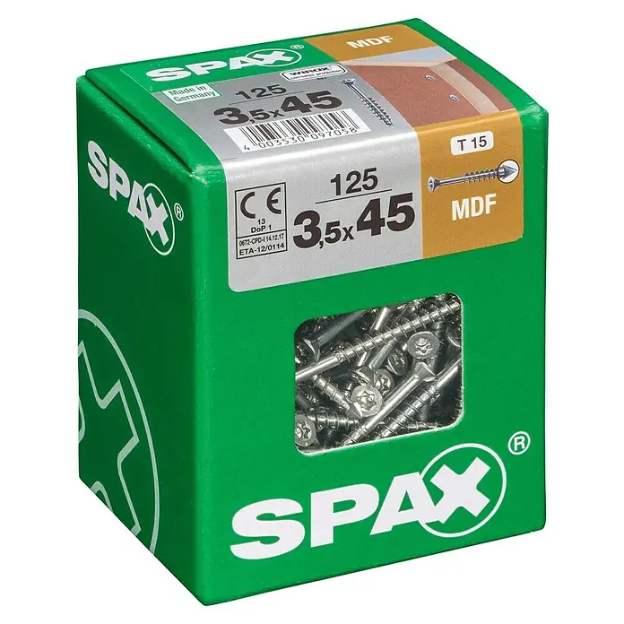 Spax MDF-Schraube T-STAR plus - 3,5 x 45 mm, WIROX Oberfläche, 125 Stk., Teilgewinde - Eine grüne Spax-Schraubenbox mit der Aufschrift "125 3,5x45 MDF T 15", die für die Holzbearbeitung mit mittlerer Dichte geeignet ist.