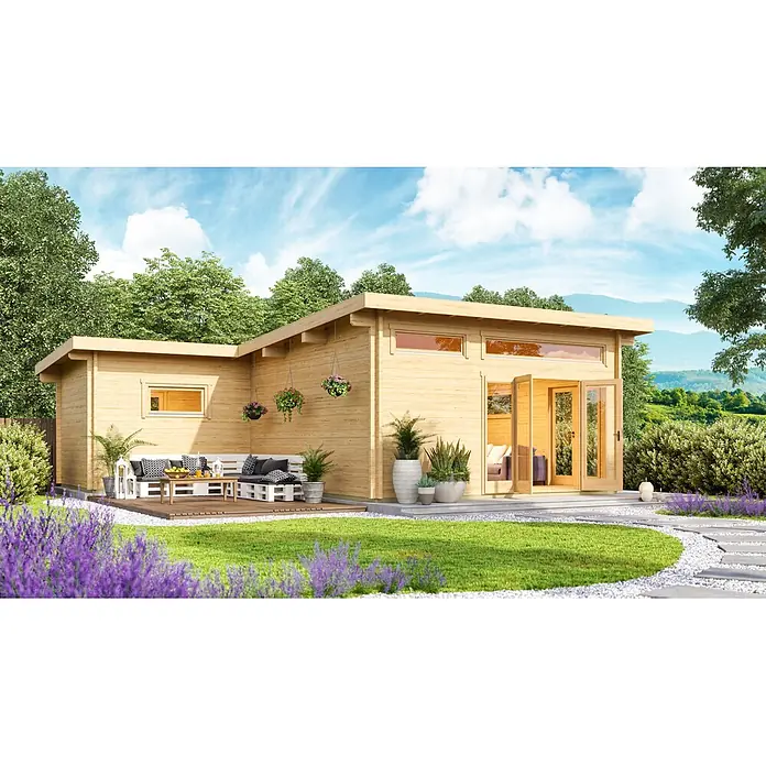 Fjordholz Gartenhaus Harbord 70 - Außenmaß inkl. Dachüberstand (B x T): 900 x 884,5 cm, Holz, Grau Imprägnierung - Ein helles Gartenhaus aus Holz mit Flachdach und Terrasse mit Gartenmöbeln.