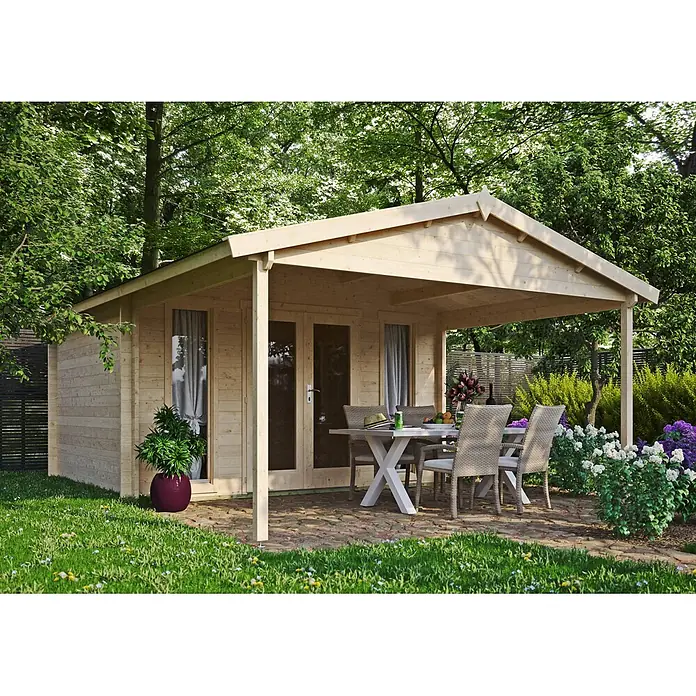 Fjordholz Gartenhaus Luise 40 E - Außenmaß inkl. Dachüberstand (B x T): 380 x 585 cm, Holz, Naturbelassen - Hölzerne Gartenhütte mit integrierter überdachter Terrasse und Essgarnitur.