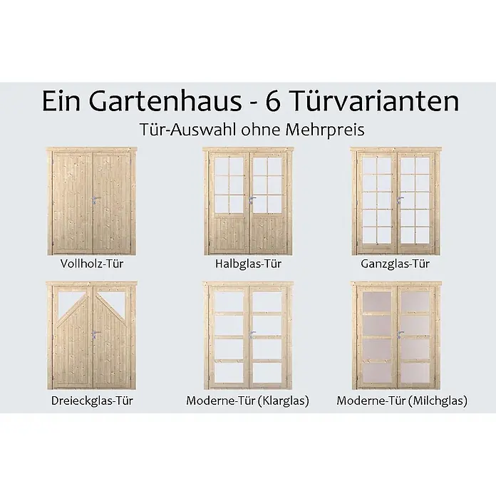 Fjordholz Gartenhaus Varianta 44 E Vollholz-Tür - Außenmaß inkl. Dachüberstand (B x T): 325 x 415 cm, Holz, Kiefer/Pinie Imprägnierung - Sechs Holz-Türvarianten für Gartenhäuser: Vollholz, Halbglas, Ganzglas, Dreieckglas und moderne Türen mit Klarglas oder Milchglas.