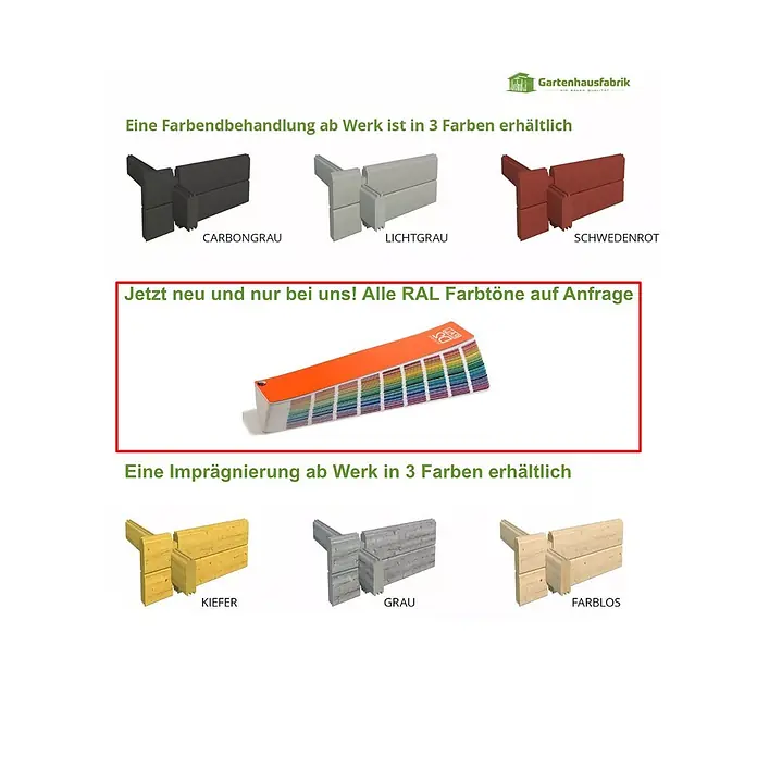 Fjordholz Gartenhaus Varianta 44 C +SD Moderne-Tür (Milchglas) - Außenmaß inkl. Dachüberstand (B x T): 483,2 x 245 cm, Holz, ohne Imprägnierung - Holzelemente mit Werksfarbbehandlung in Carbongrau, Lichtgrau, Schwedenrot, sowie Imprägnierung in Kiefer, Grau, Farblos. RAL-Farbkarte für weitere Optionen.