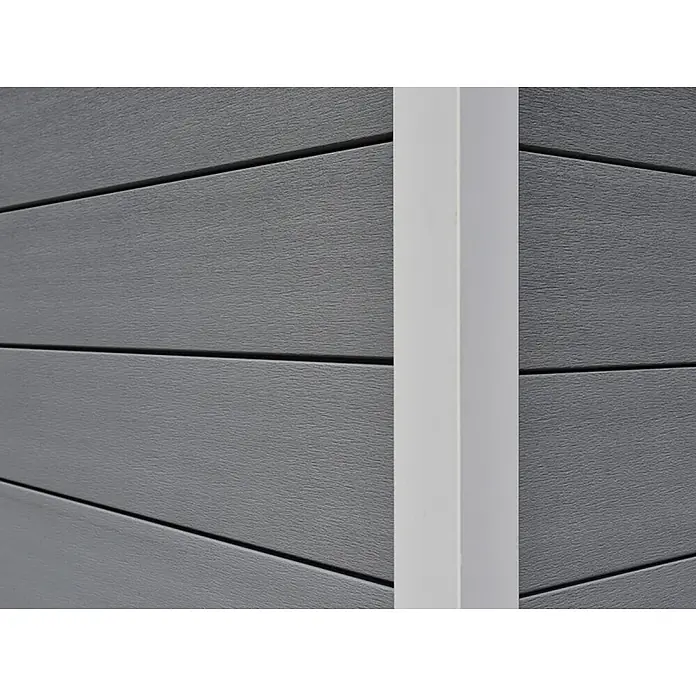 Fjordholz Gartenhaus Ligno White 8,4 m² - Außenmaß inkl. Dachüberstand (B x T): 290 x 290 cm, Aluminium, Grau / Weiß - Graue, strukturierte Verbundplatten in Eckmontage mit weißem Profil.