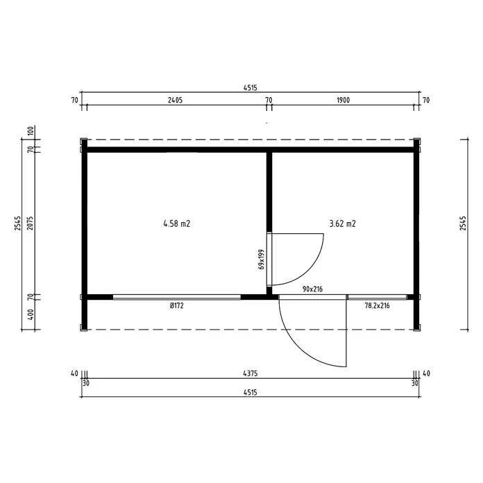 Fjordholz Gartenhaus Office Box Größe M schwarz - Außenmaß inkl. Dachüberstand (B x T): 451,5 x 254,5 cm, Holz, Schwarz - Grundriss mit Maßen, Tür- und Fensterangaben sowie Raumflächen einer kleinen Struktur.