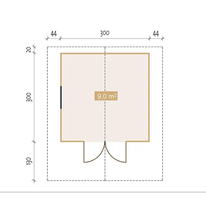 Fjordholz Gartenhaus Salem 40 B - Außenmaß inkl. Dachüberstand (B x T): 320 x 320 cm, Holz, Naturbelassen - Grundriss eines 300x300 cm großen Gebäudes mit 9,0 m² Innenfläche, Tür und Fenster. Außenmaße inkl. Überstände.