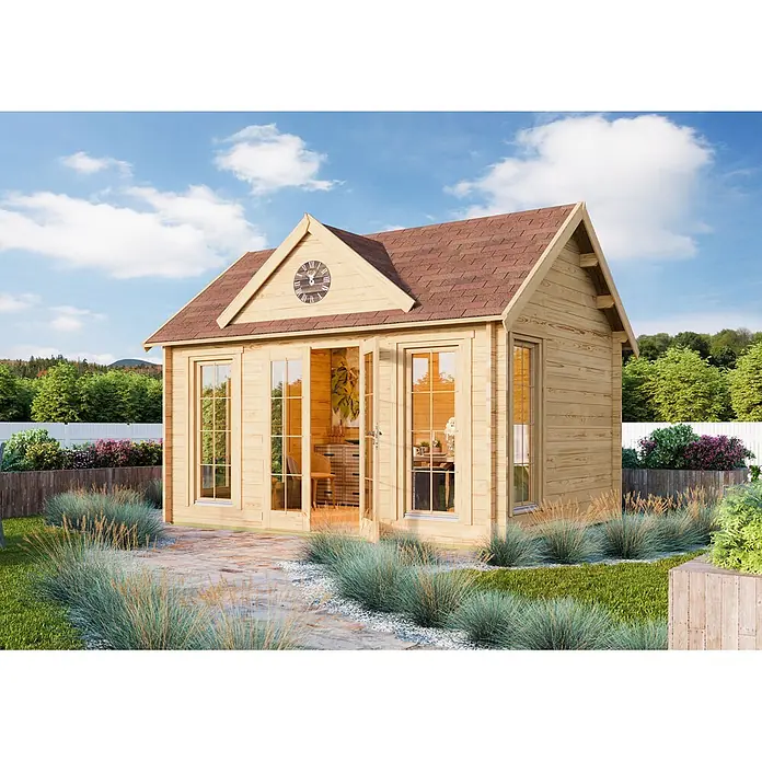 Fjordholz Gartenhaus Teehaus Glasgow 70 A Farbbehandlung Schwedenrot - Außenmaß inkl. Dachüberstand (B x T): 415 x 320 cm, Holz, Naturbelassen - Helles Holz-Gartenhaus mit rotbraunem Dach, großen Glastüren, Fenstern und einer Uhr am Giebel.