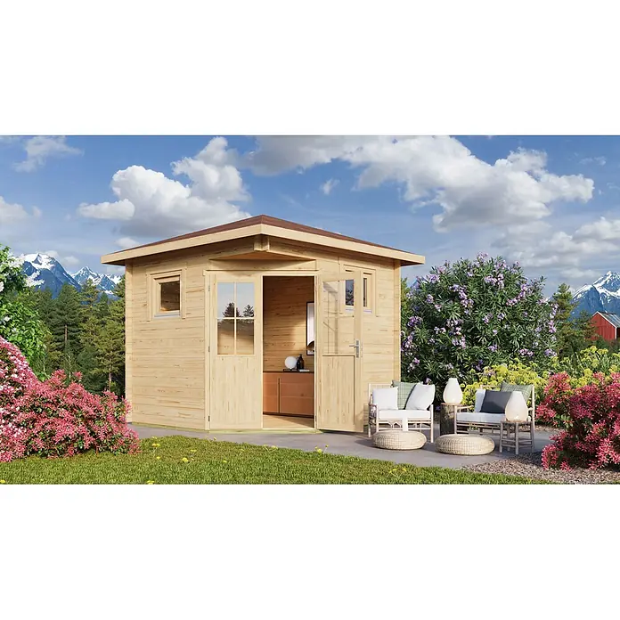 Fjordholz Gartenhaus Nelly 44 C Farbbehandlung Carbongrau - Außenmaß inkl. Dachüberstand (B x T): 298 x 298 cm, Holz, Naturbelassen - Helles Gartenhaus aus Holz mit geöffneten Doppeltüren und Fenstern, davor eine Terrasse mit Sitzgelegenheiten und Blumen.