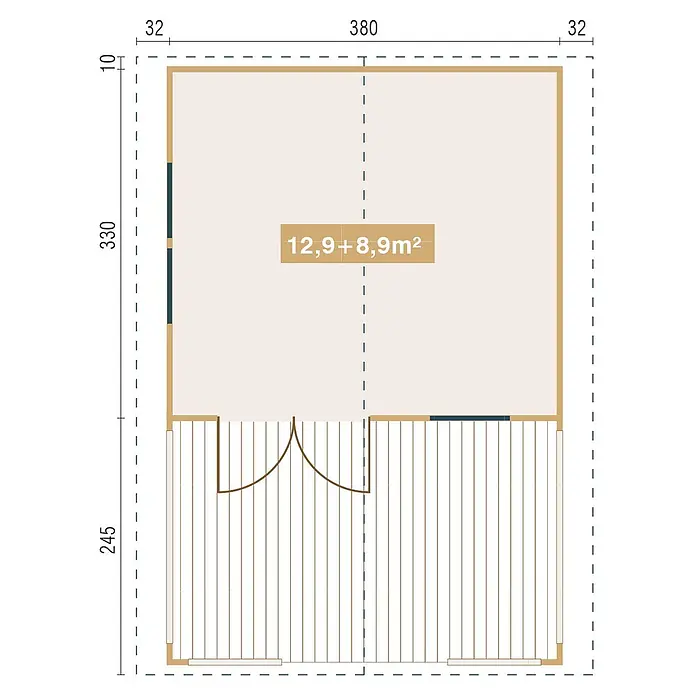 Fjordholz Gartenhaus Lund 40 - Außenmaß inkl. Dachüberstand (B x T): 400 x 595 cm, Holz, Naturbelassen - Grundriss einer Gartenhütte: 12,9 m² Innenraum, 8,9 m² überdachte Terrasse. Gesamtmaße 444x585 cm.