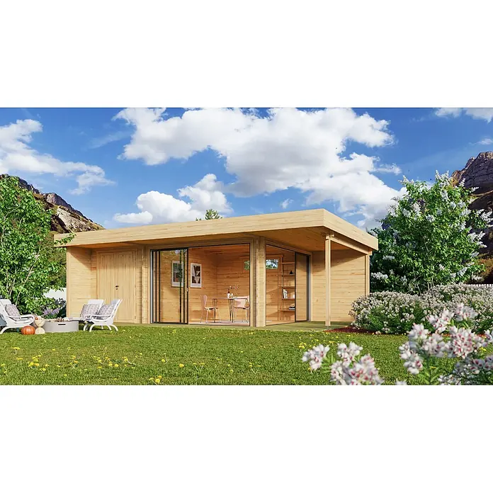 Fjordholz Gartenhaus - Außenmaß inkl. Dachüberstand (B x T): 785 x 508 cm, Holz, Grau Imprägnierung - Gartenhaus aus Holz mit großen Glasschiebetüren, das einen Wohnbereich im Innenraum und eine Sitzecke im Grünen bietet.