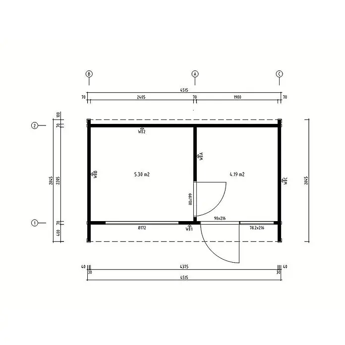 Fjordholz Gartenhaus Office Box Größe L natur - Außenmaß inkl. Dachüberstand (B x T): 451,5 x 284,5 cm, Holz, Naturbelassen - Detaillierter Grundriss eines kleinen Gebäudes mit zwei Räumen, Maßen, Flächen (5.30 m2, 4.19 m2) und Türgrößen.