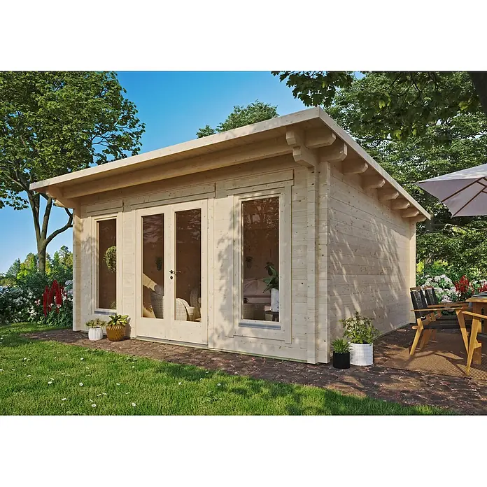 Fjordholz Gartenhaus Jacob 90 F - Außenmaß inkl. Dachüberstand (B x T): 480 x 480 cm, Holz, Farbbehandlung Lichtgrau - Garten-Blockhütte aus hellem Holz mit Glastüren, ideal als Garten-Wohnraum.