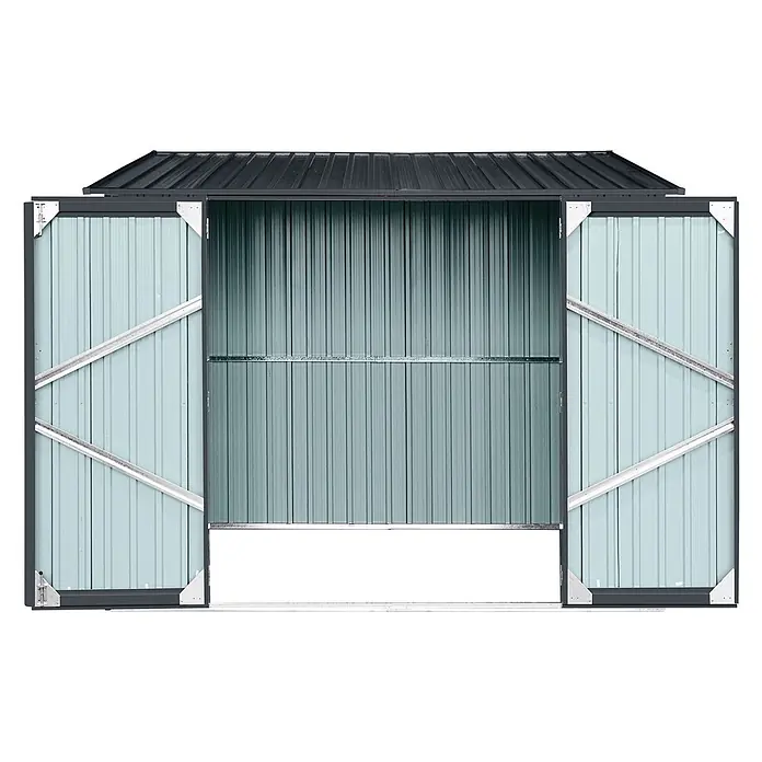 StarLine Metall Gerätehaus Slope 3,82 m² - Außenbreite inkl. Dachüberstand: 236 cm, Außentiefe inkl. Dachüberstand: 162 cm, Metall, Anthrazit - Metallschuppen mit geöffneten Türen, wellenförmigen graugrünen Paneelen und dunklem Dach.