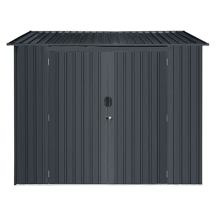 StarLine Metall Gerätehaus Slope 3,82 m² - Außenbreite inkl. Dachüberstand: 236 cm, Außentiefe inkl. Dachüberstand: 162 cm, Metall, Anthrazit - Dunkelgrauer Wellblech-Gartenschuppen mit Doppeltüren und Schloss.