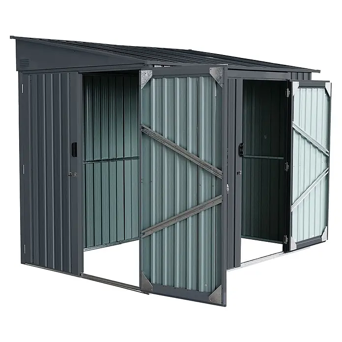 StarLine Metall Gerätehaus Slope 3,82 m² - Außenbreite inkl. Dachüberstand: 236 cm, Außentiefe inkl. Dachüberstand: 162 cm, Metall, Anthrazit - Dunkelgraues Metall-Gartenhaus mit Pultdach, einer geschlossenen Schiebetür und zwei geöffneten Wellblechtüren.