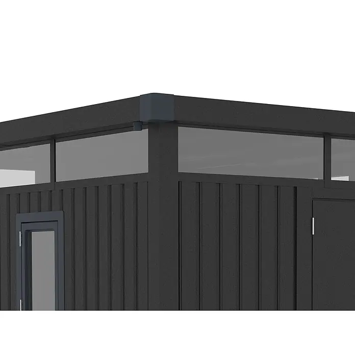 StarLine Metall Gerätehaus Style 7,56 m² Anthrazit - Außenbreite inkl. Dachüberstand: 294 cm, Außentiefe inkl. Dachüberstand: 275 cm, Metall, Anthrazit - Dunkelgraues modulares Außengebäude mit Wellblechverkleidung und Oberlichtern, zeigt einen Eckbereich.