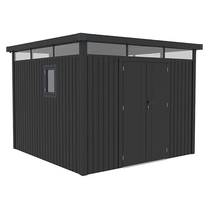 StarLine Metall Gerätehaus Style 7,56 m² Anthrazit - Außenbreite inkl. Dachüberstand: 294 cm, Außentiefe inkl. Dachüberstand: 275 cm, Metall, Anthrazit - Dunkelgraues Metallgerätehaus mit Flachdach, oberen Fenstern, kleinem Seitenfenster und Doppeltüren.
