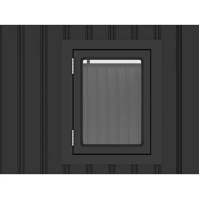 StarLine Metall Gerätehaus Style 7,56 m² Anthrazit - Außenbreite inkl. Dachüberstand: 294 cm, Außentiefe inkl. Dachüberstand: 275 cm, Metall, Anthrazit - Ein kleines dunkelgraues Fenster mit Scharnieren in einer passenden getäfelten Wand.