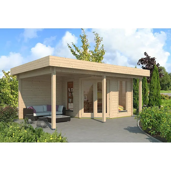 Fjordholz Gartenhaus Nora 44 G Modern - Außenmaß inkl. Dachüberstand (B x T): 590 x 320 cm, Holz, Farbbehandlung Carbongrau - Helles Holz-Gartenhaus mit überdachter Terrasse, eingerichtet zum Entspannen im Freien.