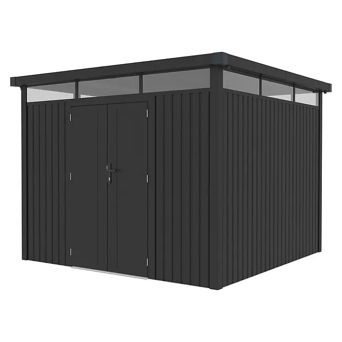 StarLine Metall Gerätehaus Style 7,56 m² Anthrazit - Außenbreite inkl. Dachüberstand: 294 cm, Außentiefe inkl. Dachüberstand: 275 cm, Metall, Anthrazit - Schwarzer Metall-Gartenschuppen mit geriffelten Paneelen und Oberlichtfenstern über den Doppeltüren.