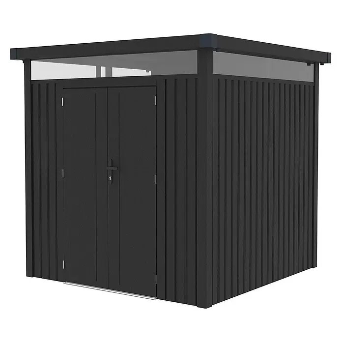 StarLine Metall Gerätehaus Style 4,45 m² Anthrazit - Außenbreite inkl. Dachüberstand: 230 cm, Außentiefe inkl. Dachüberstand: 211 cm, Metall, Anthrazit - Schwarzer Metall-Gartenschuppen mit Flachdach und lichtdurchlässigen oberen Paneelen, mit Doppeltür zur Lagerung im Freien.