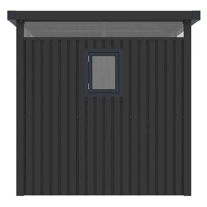 StarLine Metall Gerätehaus Style 4,45 m² Anthrazit - Außenbreite inkl. Dachüberstand: 230 cm, Außentiefe inkl. Dachüberstand: 211 cm, Metall, Anthrazit - Dunkelgrauer Schuppen mit vertikalen Paneelen, kleinem Fenster und lichtdurchlässigem Oberteil.