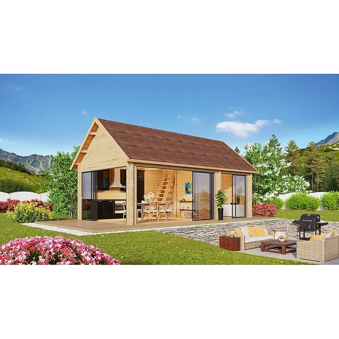 Fjordholz Gartenhaus 7026630 Alu Concept Lounge Marek 70 Farbe Schwedenrot - Außenmaß inkl. Dachüberstand (B x T): 764 x 420 cm, Holz, Farbbehandlung Schwedenrot - Kleines Holzhaus mit rotbraunem Dach, großen Glastüren und einer Terrasse mit Sitzgelegenheiten und Grill in natürlicher Umgebung.