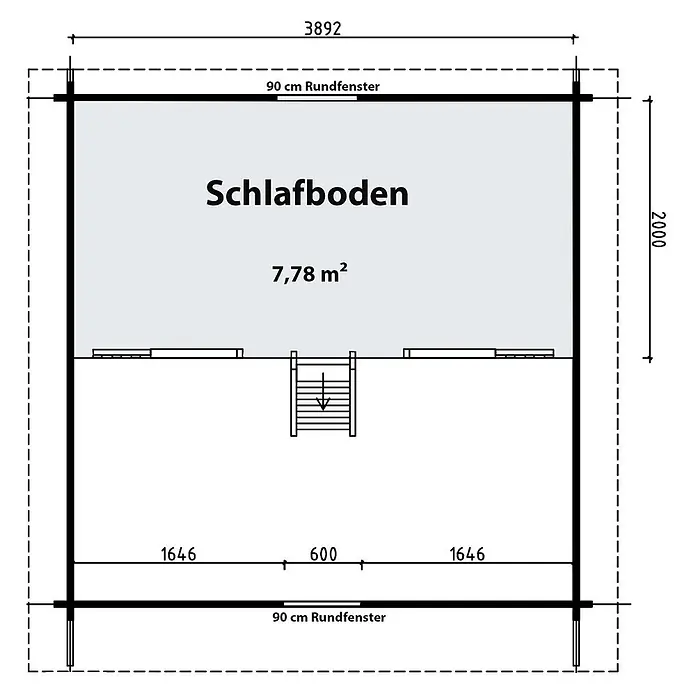 Fjordholz Gartenhaus Kjell 44 - klassisches Gartenhaus - Außenmaß inkl. Dachüberstand (B x T): 418 x 418 cm, Holz, ohne Imprägnierung - Grundriss eines Schlafbodens (7,78 m²) mit Treppe, Maßen und zwei Rundfenstern.