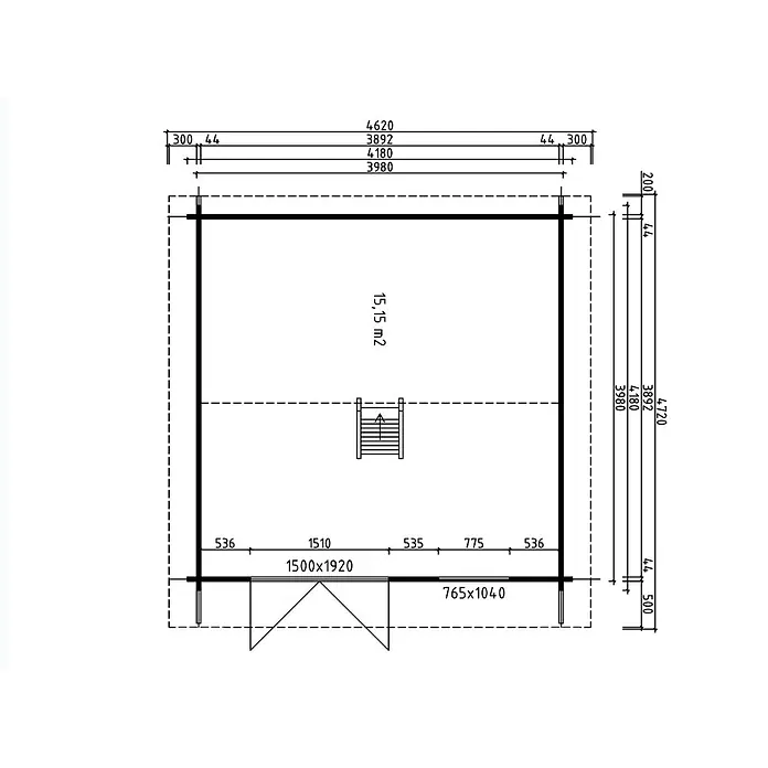 Fjordholz Gartenhaus Kjell 44 - klassisches Gartenhaus - Außenmaß inkl. Dachüberstand (B x T): 418 x 418 cm, Holz, ohne Imprägnierung - Detaillierte technische Zeichnung eines Grundrisses mit Maßen für eine Struktur, inklusive Innentreppe, zwei Öffnungen und einer Gesamtfläche von 15,15 m².
