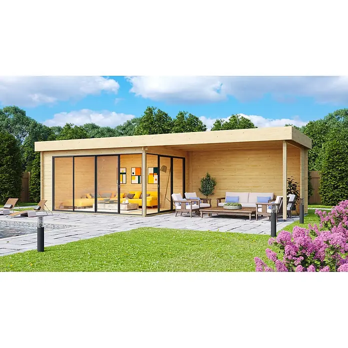 Fjordholz Gartenhaus - Außenmaß inkl. Dachüberstand (B x T): 931,6 x 358 cm, Holz, Grau Imprägnierung - Modernes Gartenhaus und Terrasse aus hellem Holz mit großen Glasflächen, eingerichtet für drinnen und draußen.