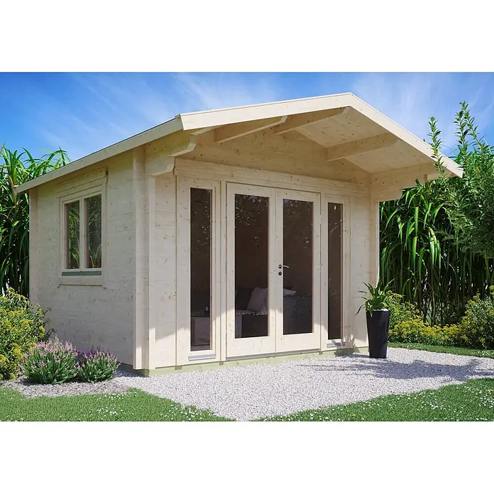 Fjordholz Gartenhaus Kim 70 B - Außenmaß inkl. Dachüberstand (B x T): 360 x 360 cm, Holz, Naturbelassen - Helle Holzgartenhütte mit großen Glastüren und Seitenfenster, in einem grünen Garten mit Kiesweg.