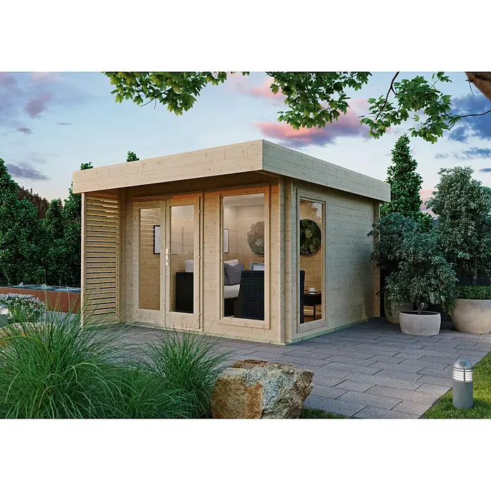 Fjordholz Gartenhaus Pina 28 - Außenmaß inkl. Dachüberstand (B x T): 325 x 385 cm, Holz, Naturbelassen - Modernes helles Holz-Gartenhaus mit Glasfront, als stilvoller Rückzugsort im Grünen.